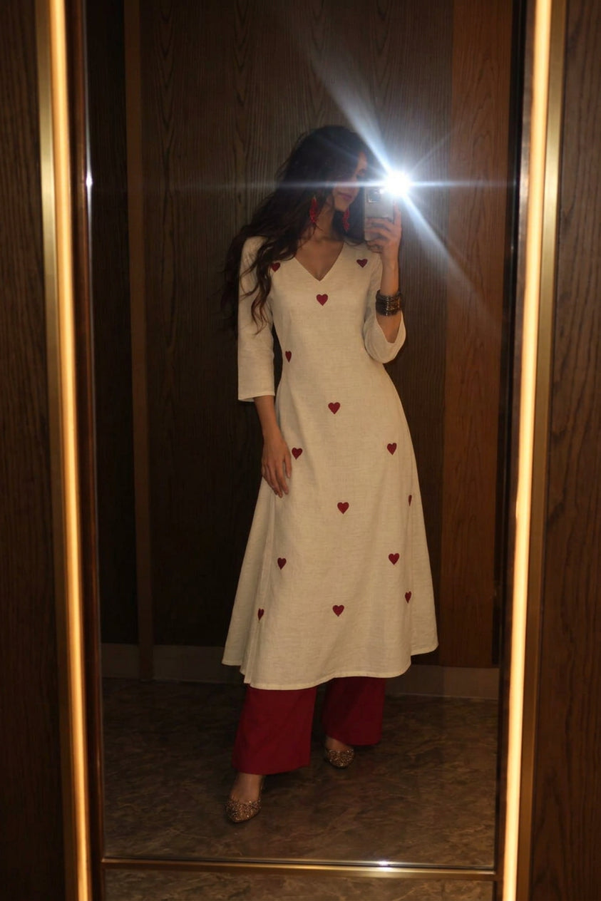 Off White Embroidered Cotton Palazzo Set