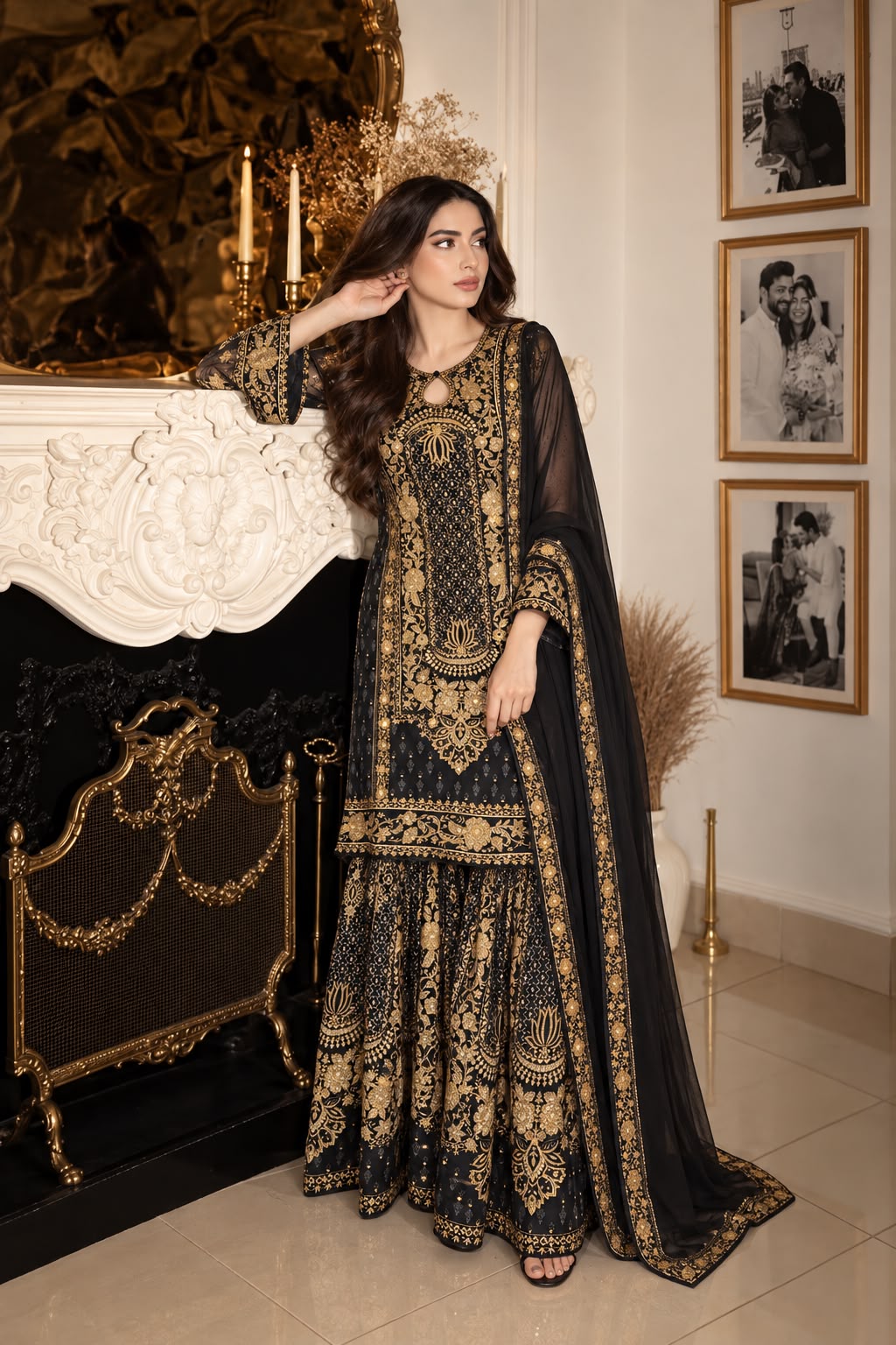 Black Embellished Crepe Silk Sharara Set