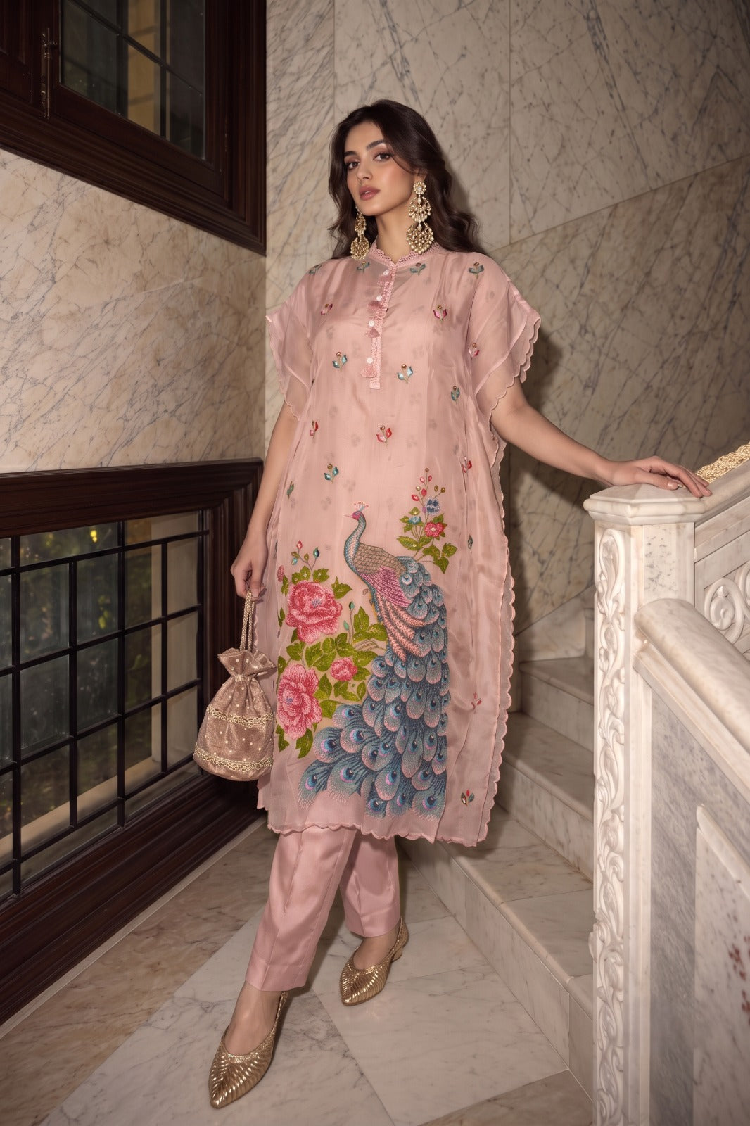 Soft Pink Embellished Tissue Silk Kaftan Set
