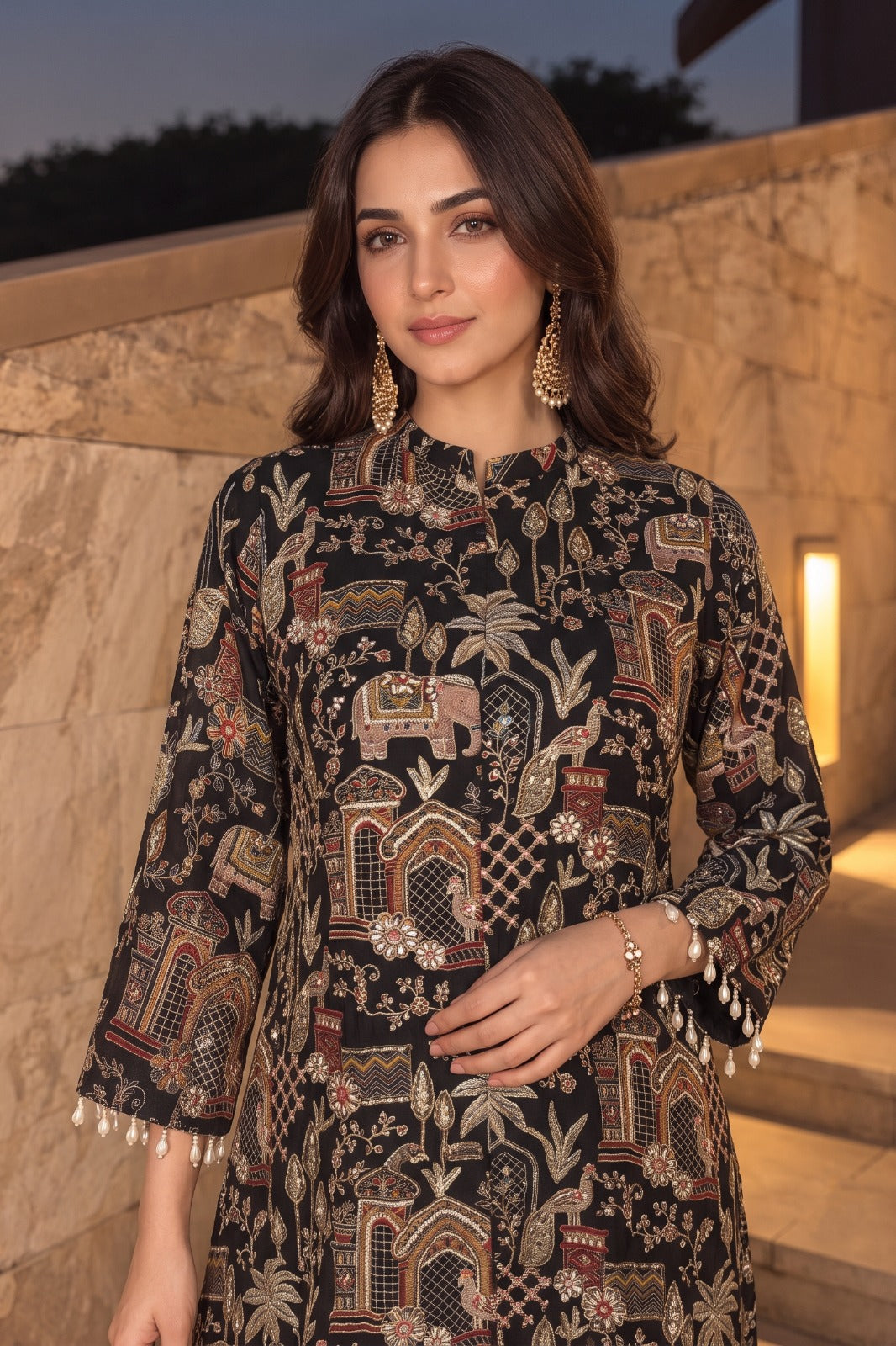Jet Black Embellished Chinon Silk Palazzo Set