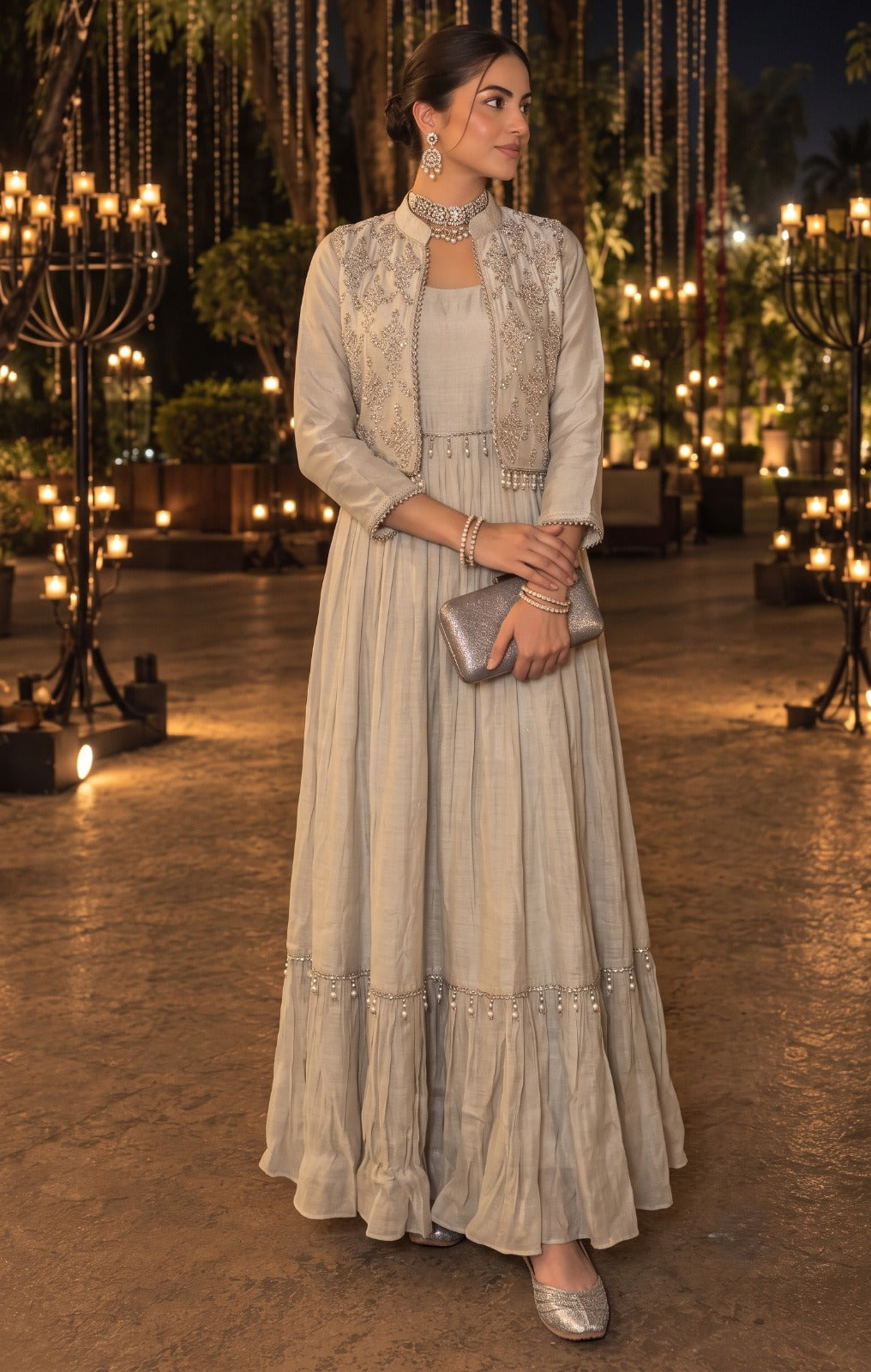 Silver-Grey Embellished Shimmer Silk Anarkali Set