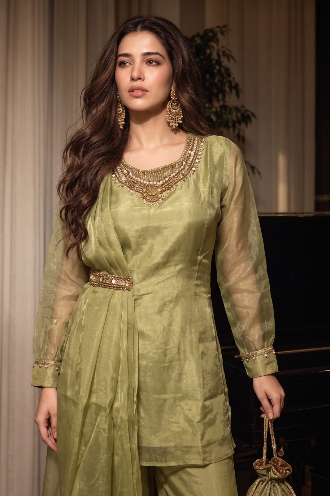 Pistachio Green Embellished Shimmer Silk Co-Ord Set