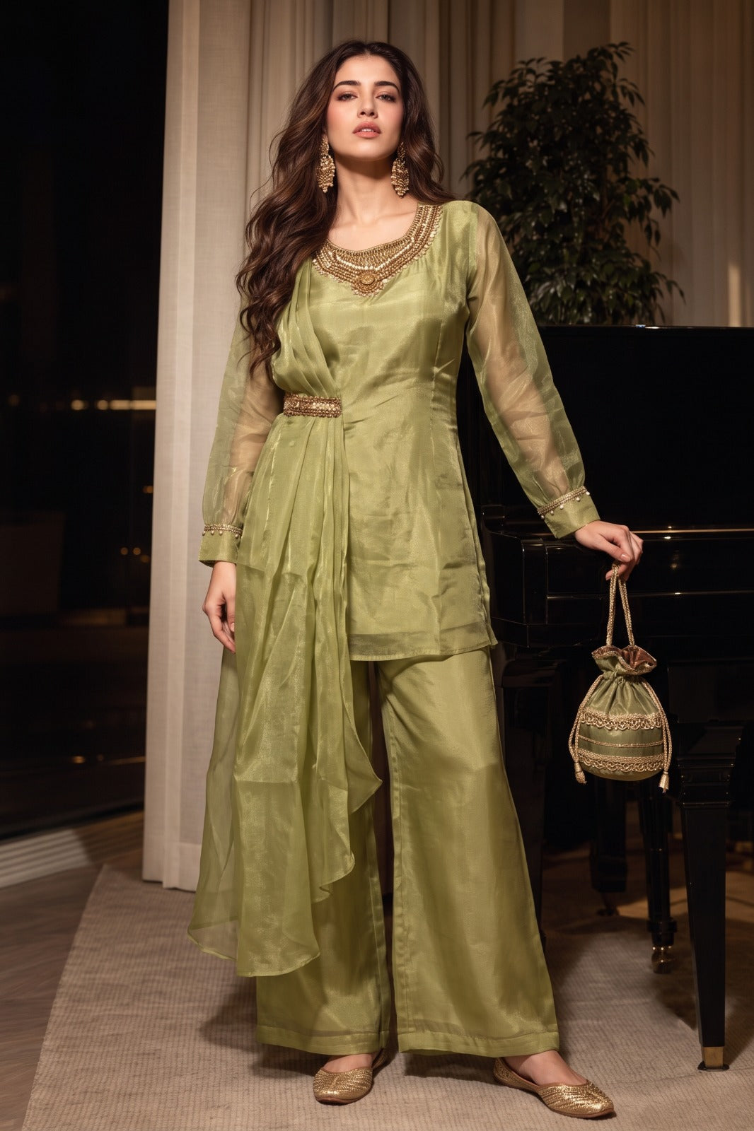 Pistachio Green Embellished Shimmer Silk Co-Ord Set