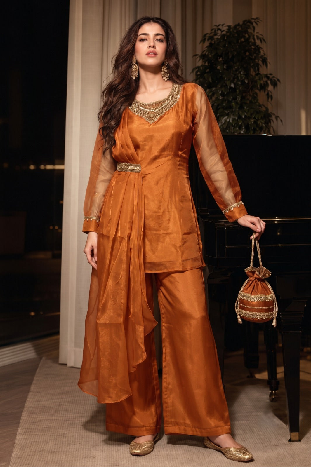 Rust Orange Embellished Shimmer Silk Co-Ord Set
