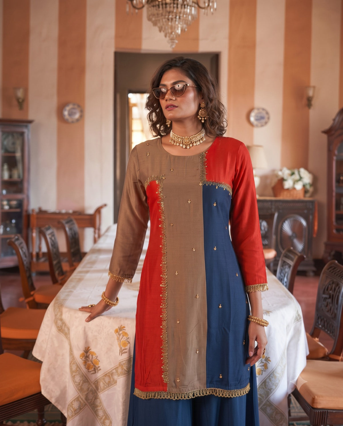 Multi-color Deep Blue Embellished Silk Palazzo Set