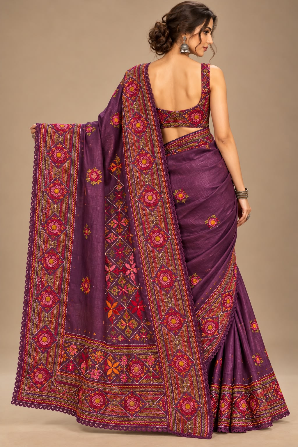 Royal Plum Hand-Embroidered Tussar Silk Saree