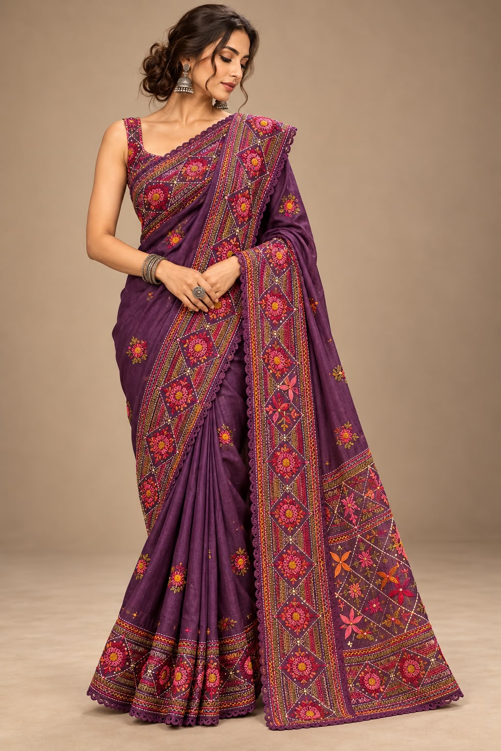 Royal Plum Hand-Embroidered Tussar Silk Saree