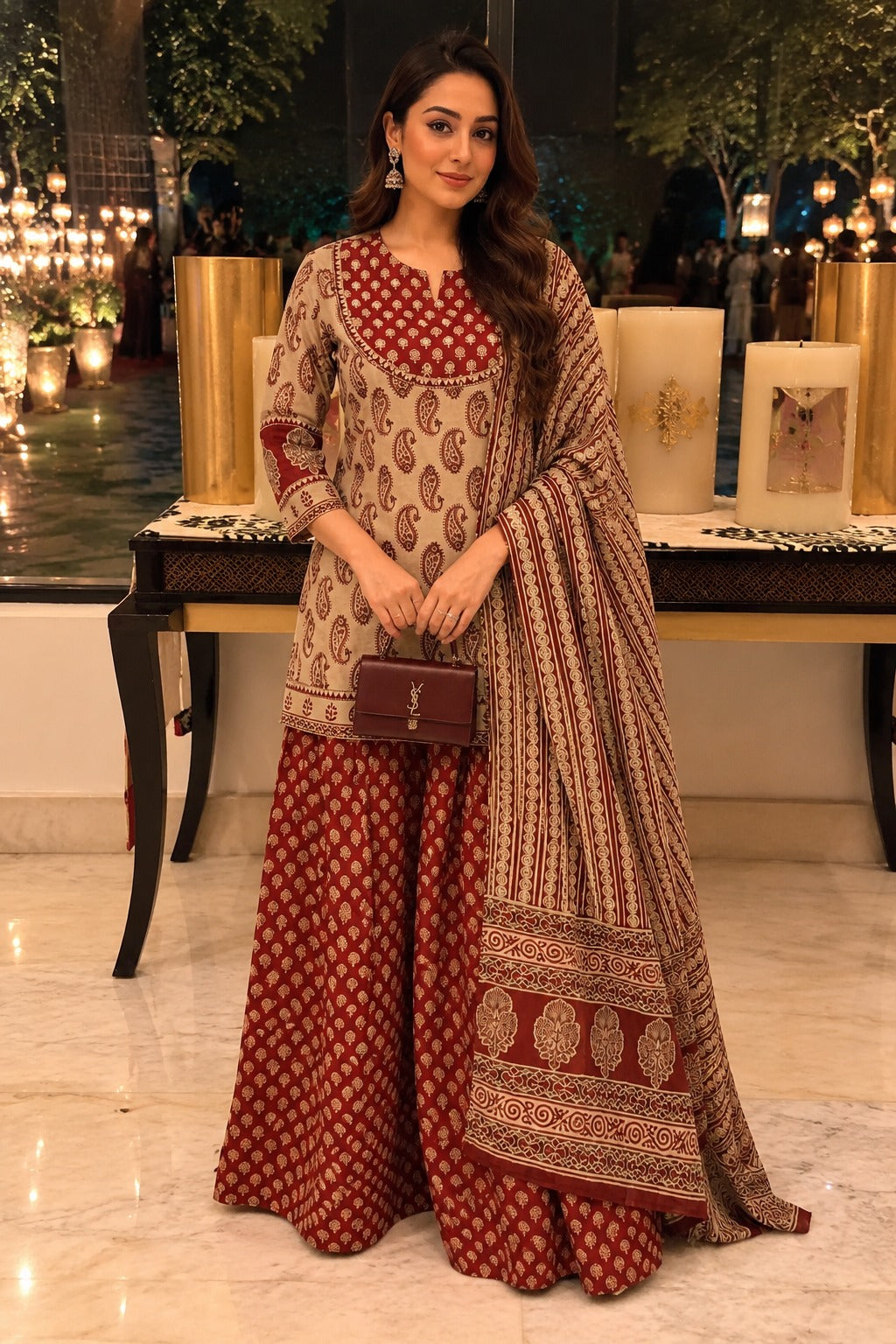 Deep Maroon Printed Cotton Skirt Skirt Set