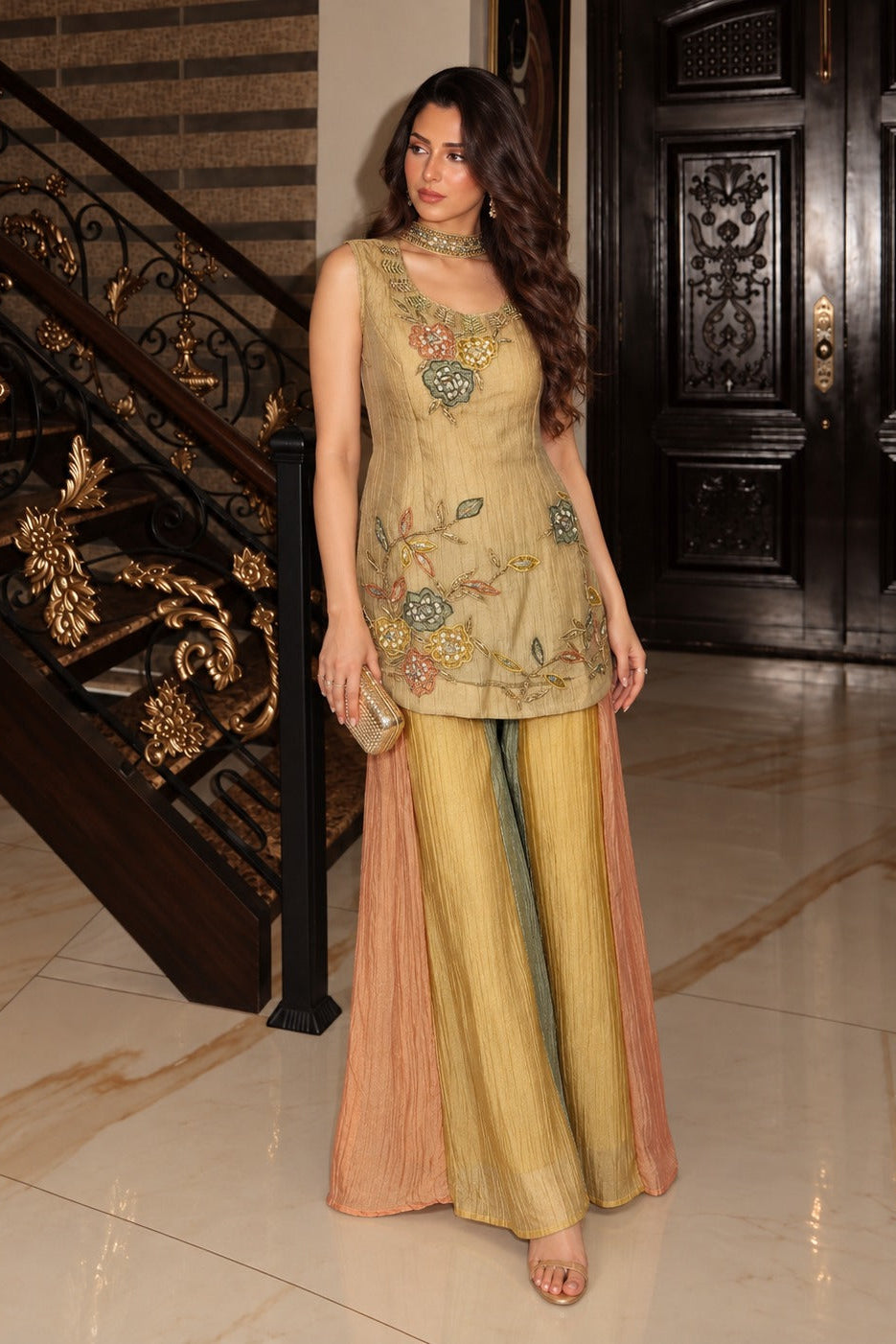 Gold & Pastel-Multi Embellished Tissue Silk Palazzo Set