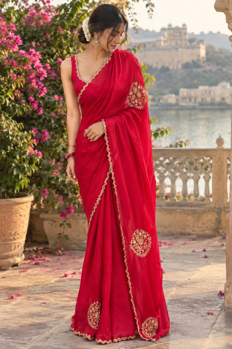 Rich Crimson Embroidered Crepe Silk Saree