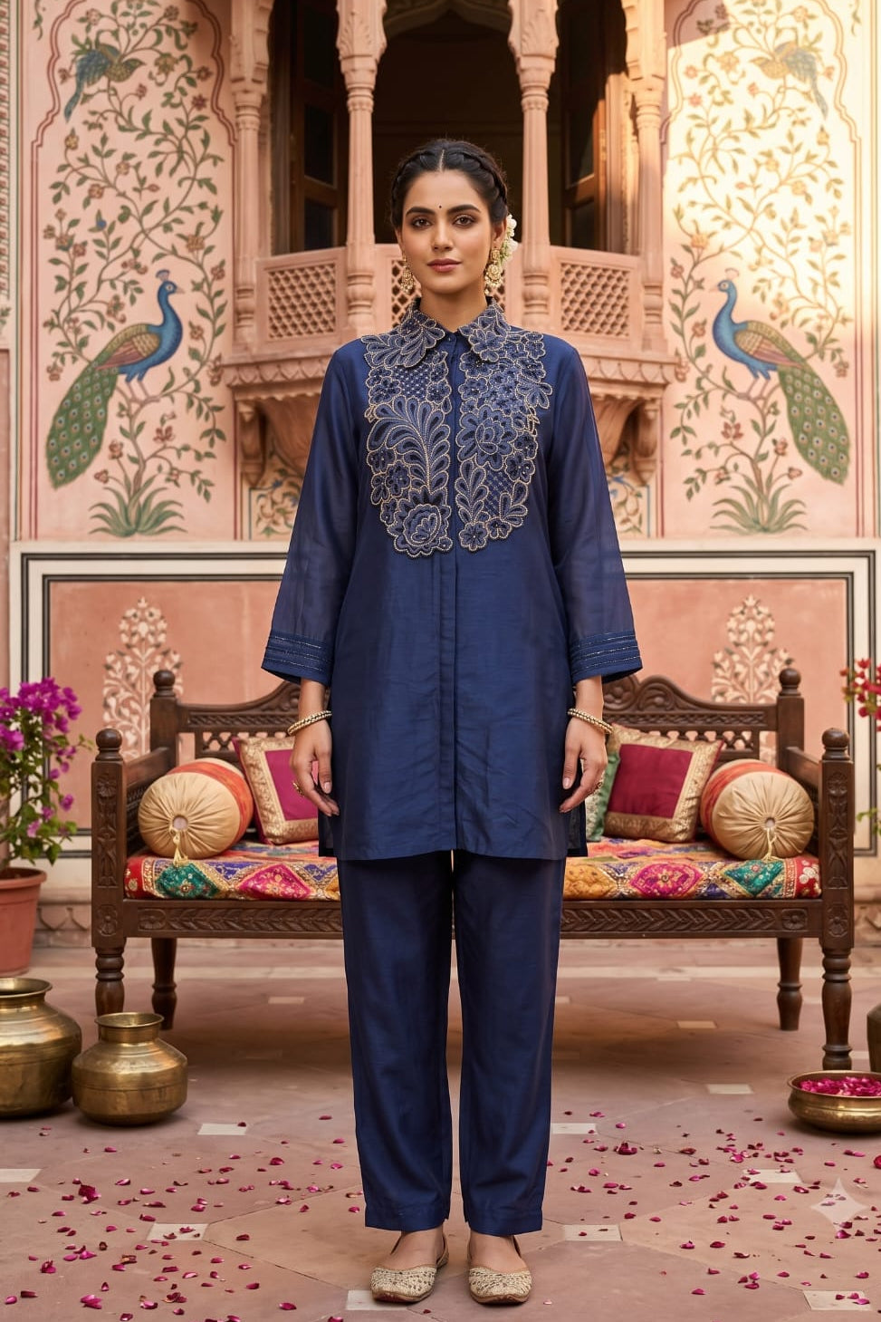 Navy Blue Embroidered Raw Silk Palazzo Set