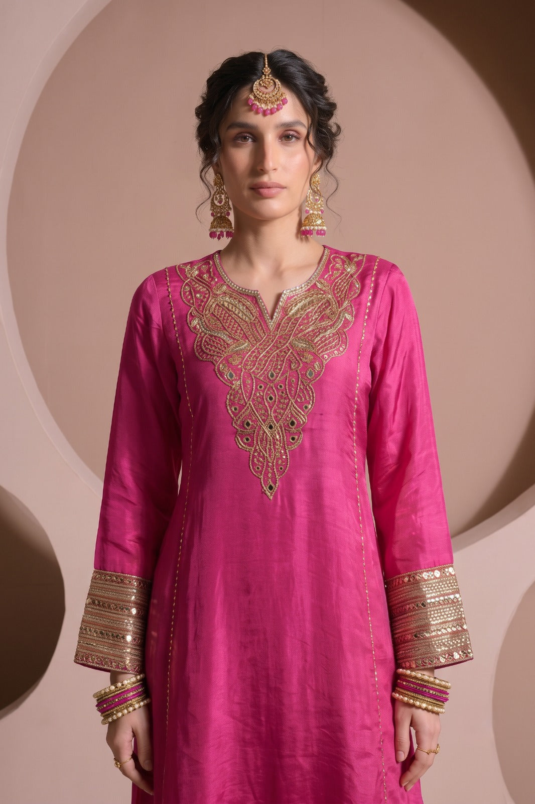 Fuchsia Pink Embellished Crepe Silk Pant Set