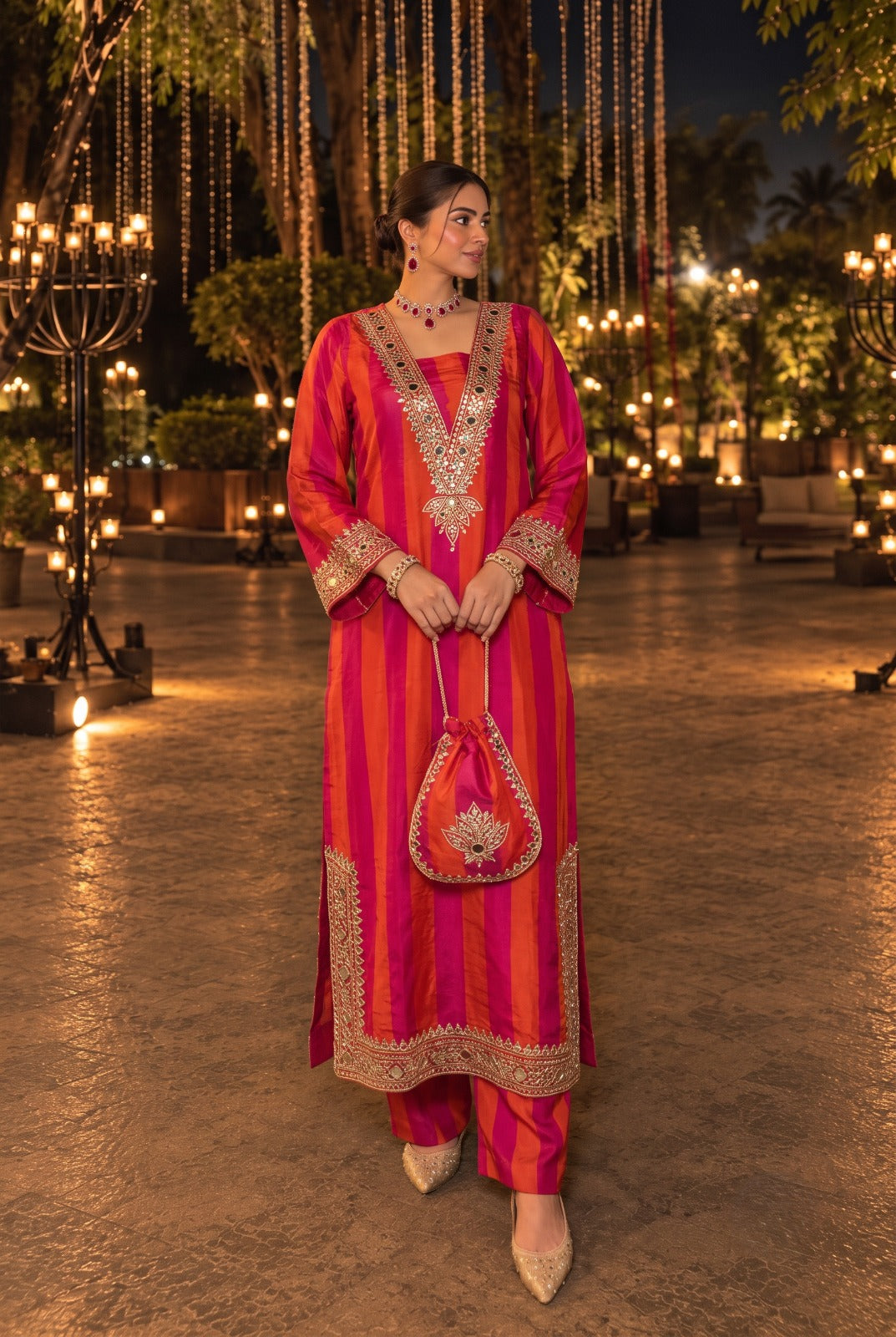 Sunset Orange Embellished Crepe Silk Pant Set