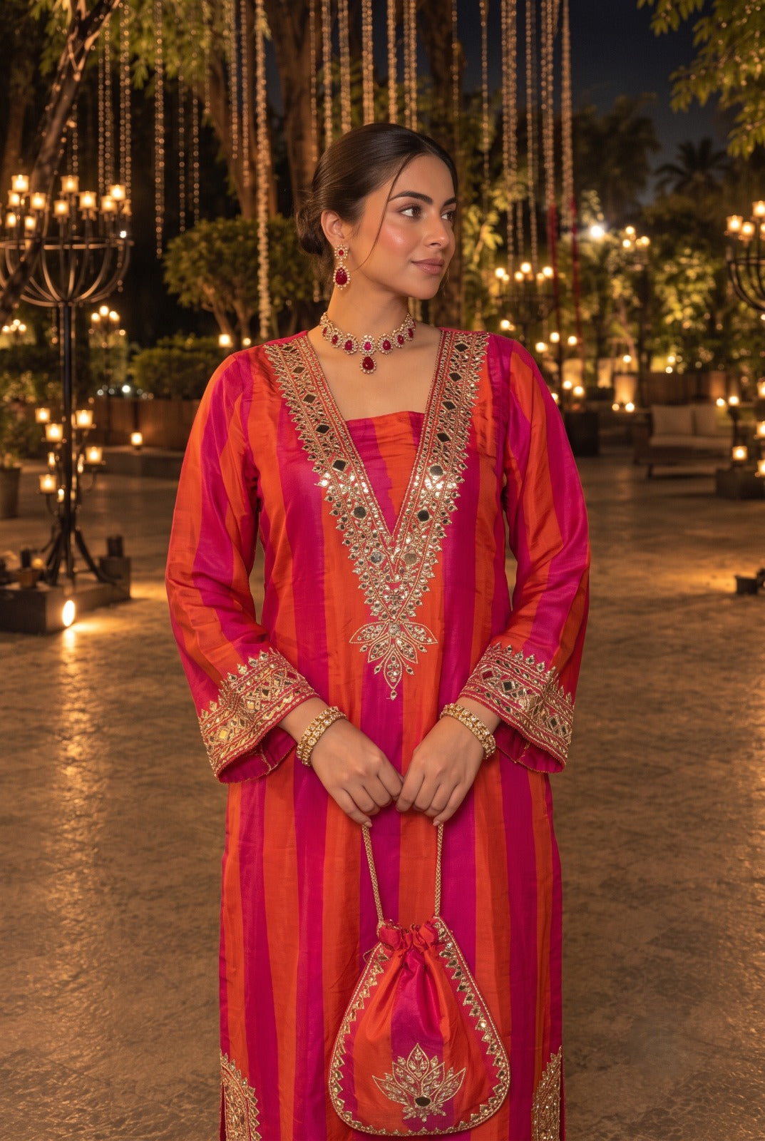 Sunset Orange Embellished Crepe Silk Pant Set