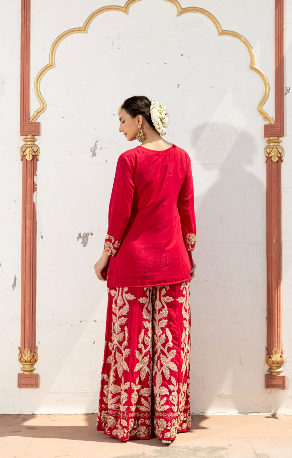 Crimson Red Embellished Chinon Silk Palazzo Set