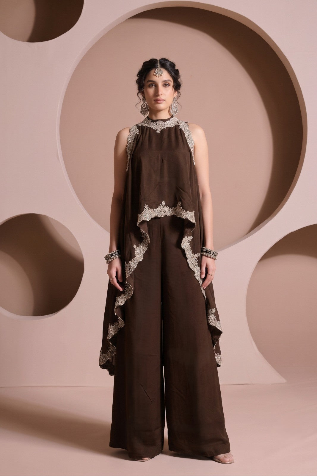 Chocolate Brown Embellished Chinon Silk Palazzo Set