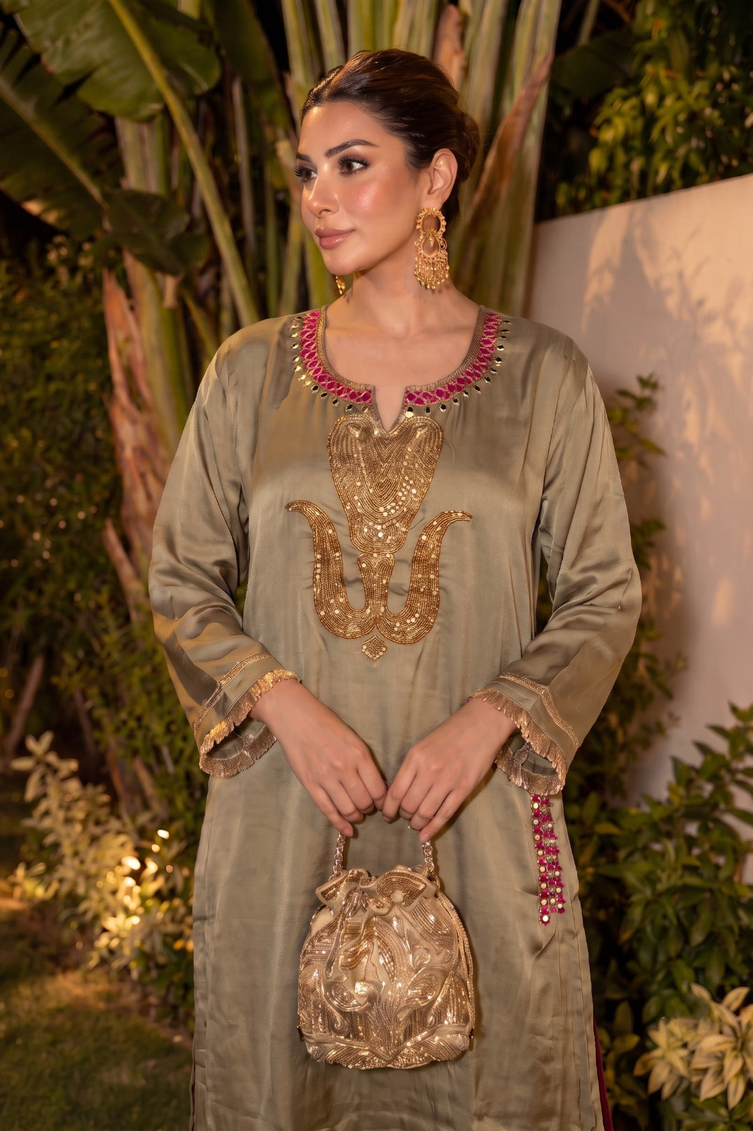 Metallic Taupe Embellished Crepe Satin Silk Pant Set