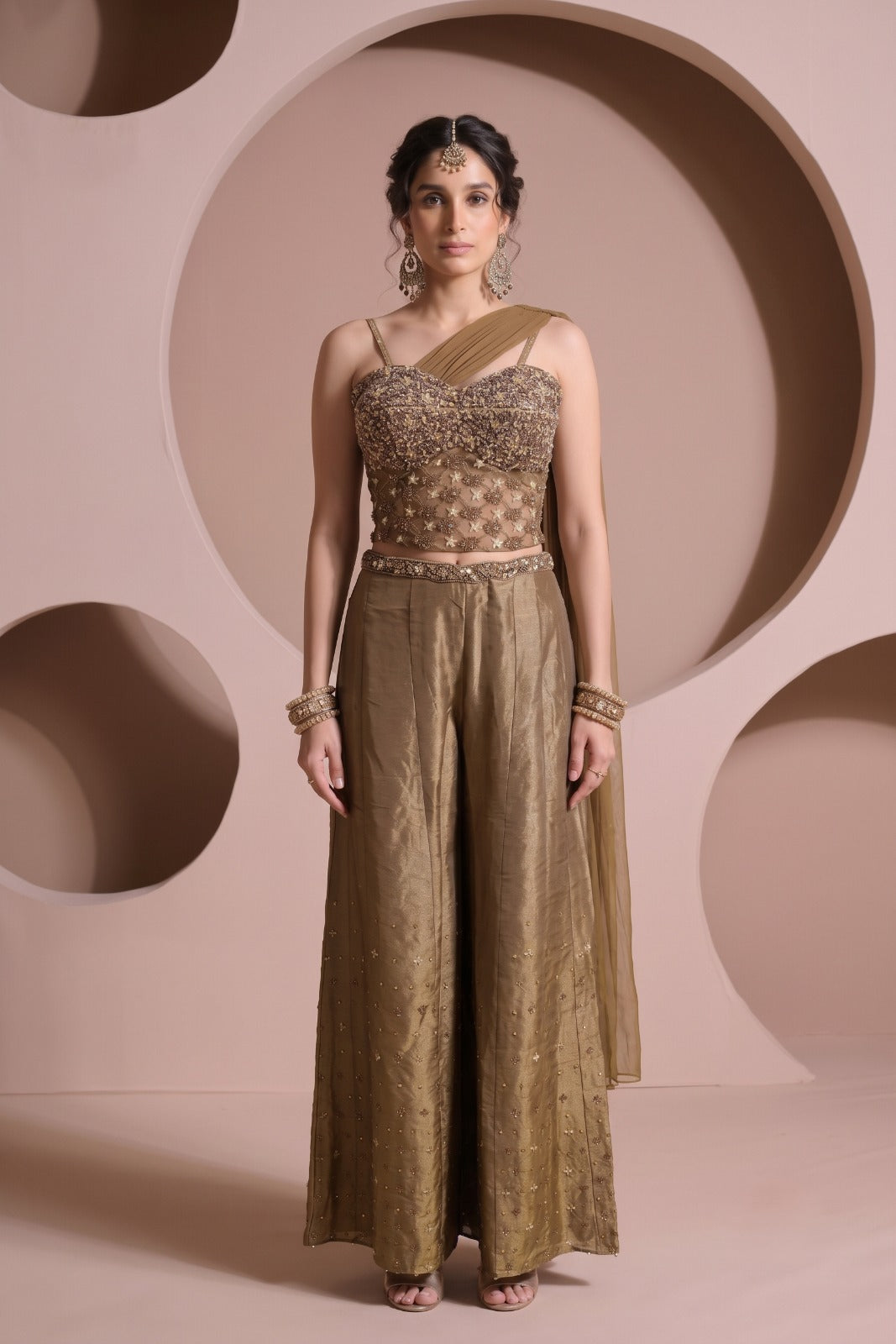 Dusty Olive Embellished Shimmer Silk Palazzo Set