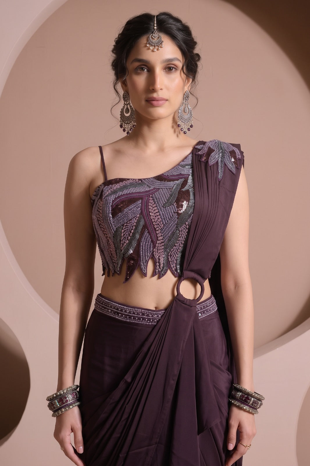 Regal Mulberry Embellished Satin Silk Skirt Saree