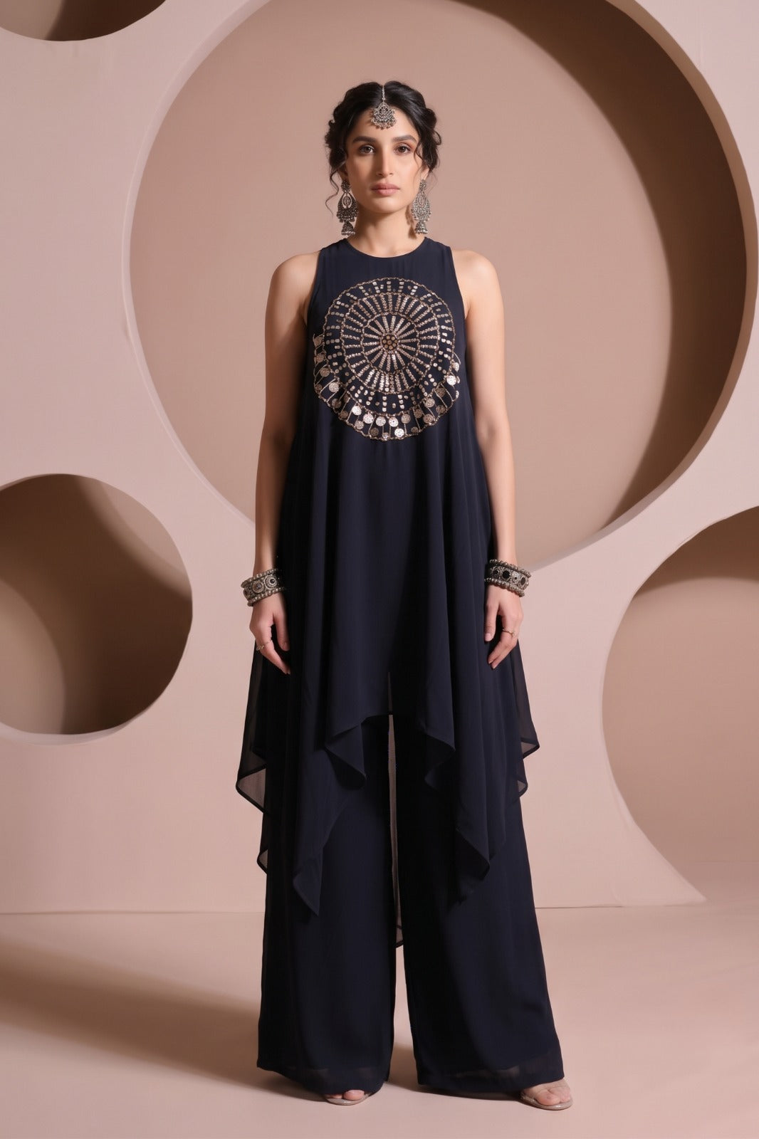Midnight Navy Blue Embellished Crepe Silk Palazzo Set