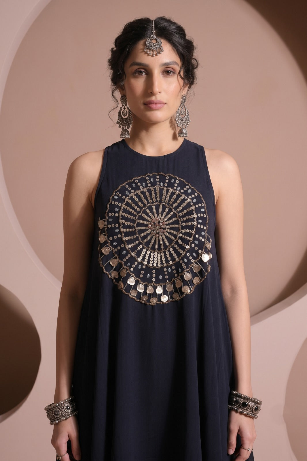 Midnight Navy Blue Embellished Crepe Silk Palazzo Set