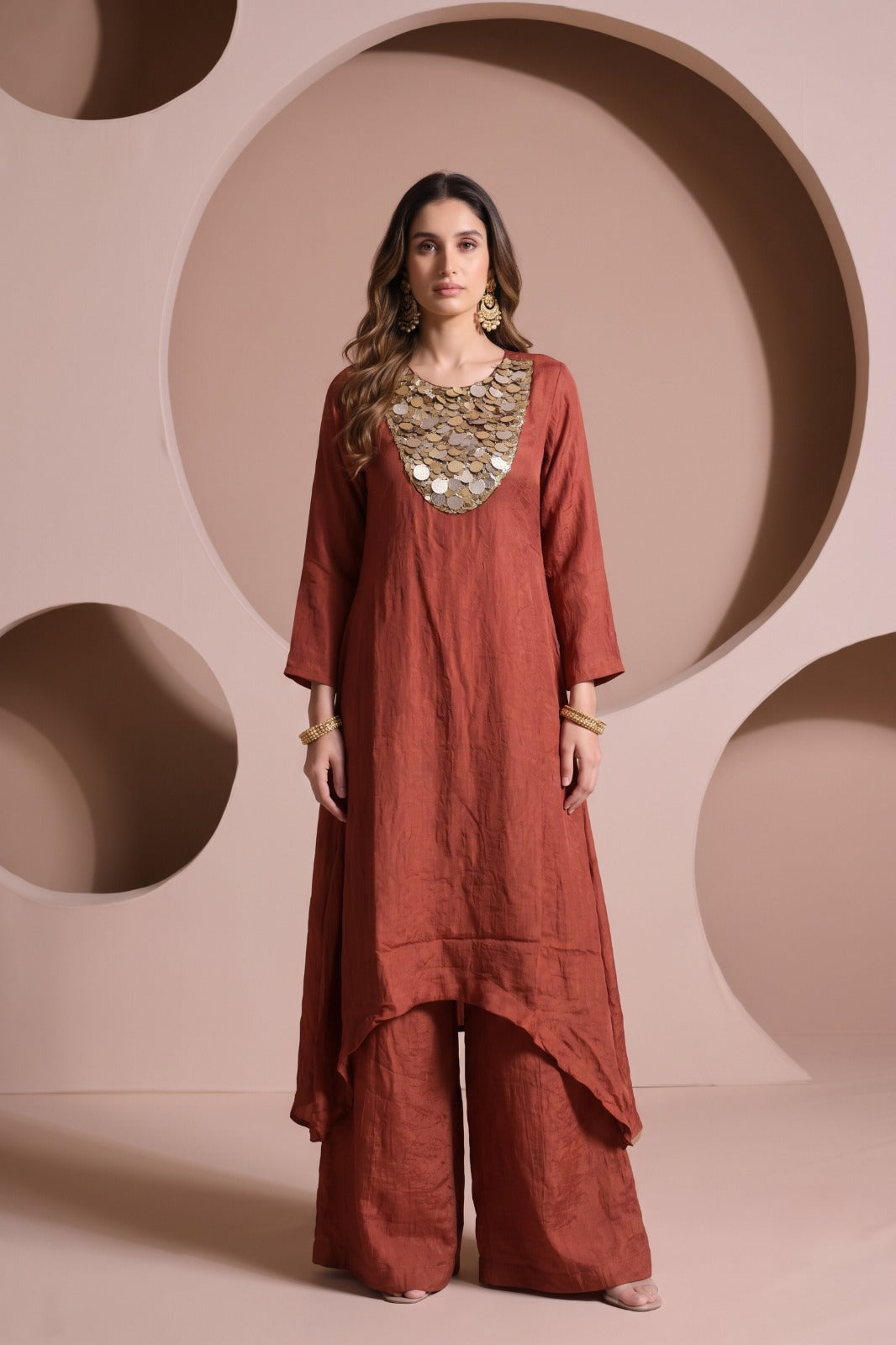 Rust Orange Embellished Crushed Silk Palazzo Set