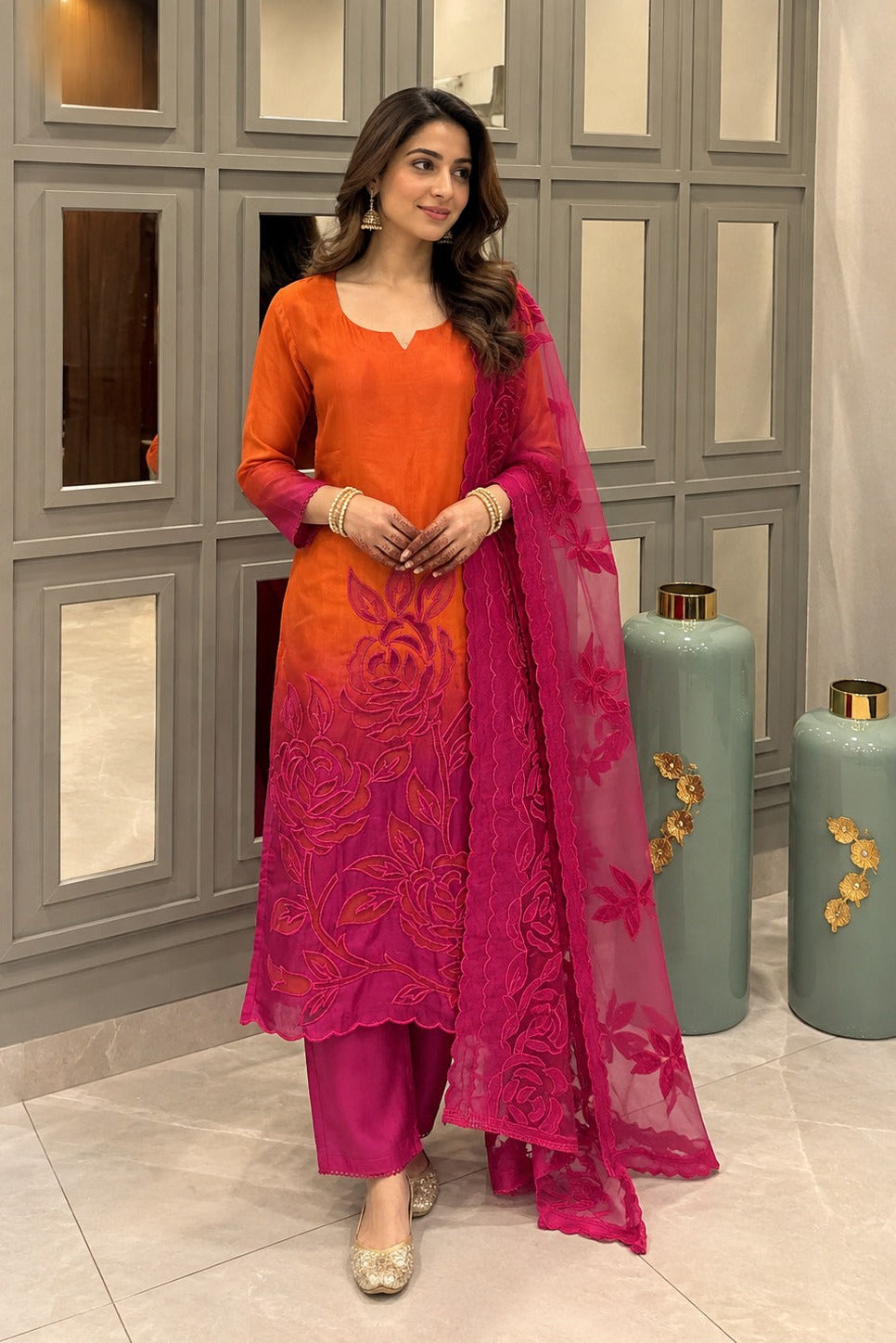 Orange Pink Appliqué Crepe Silk Pant Set