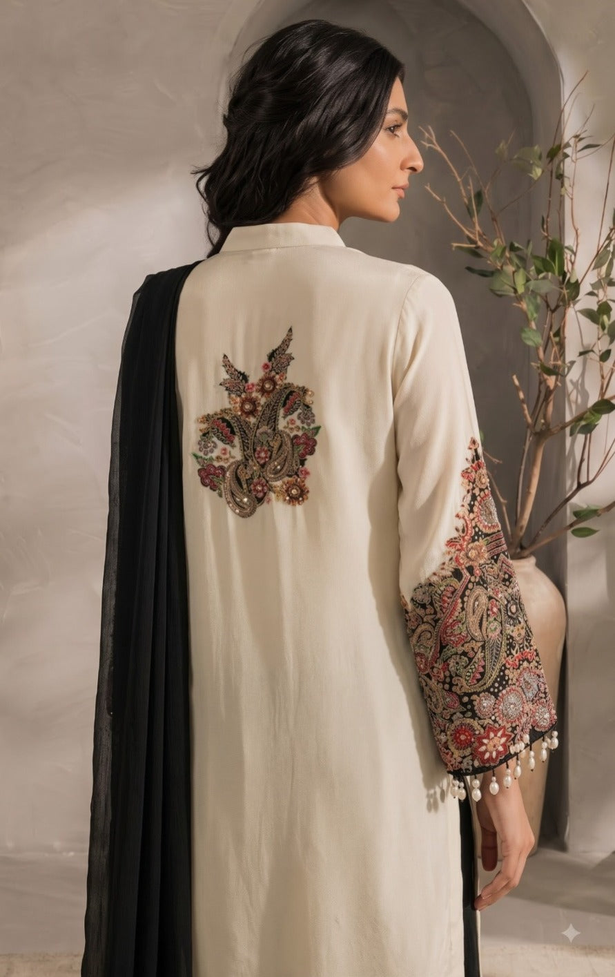 Ivory & Black Printed Crepe Silk Suit Set