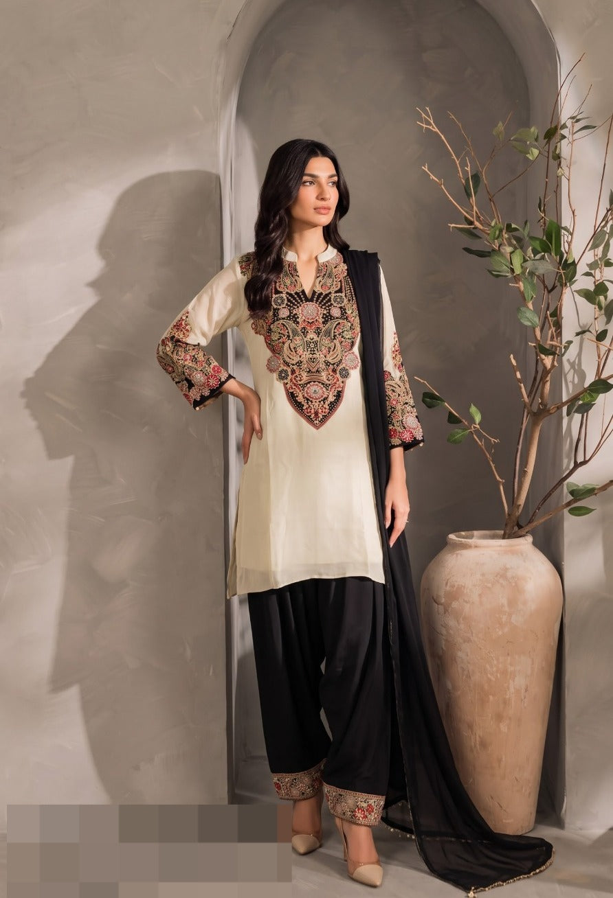 Ivory & Black Printed Crepe Silk Suit Set