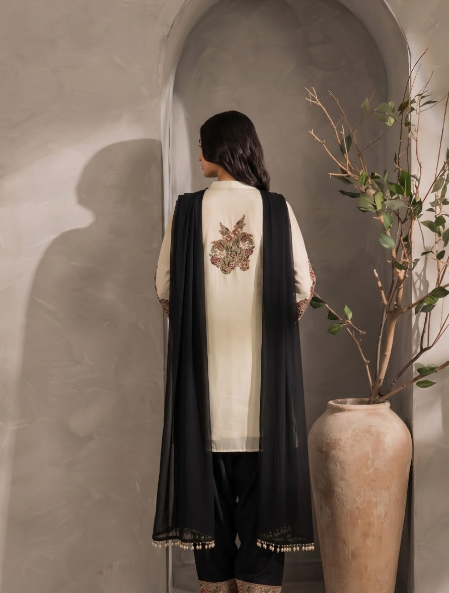 Ivory & Black Printed Crepe Silk Suit Set