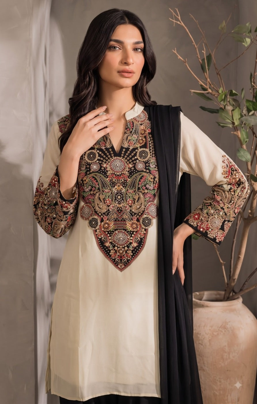 Ivory & Black Printed Crepe Silk Suit Set