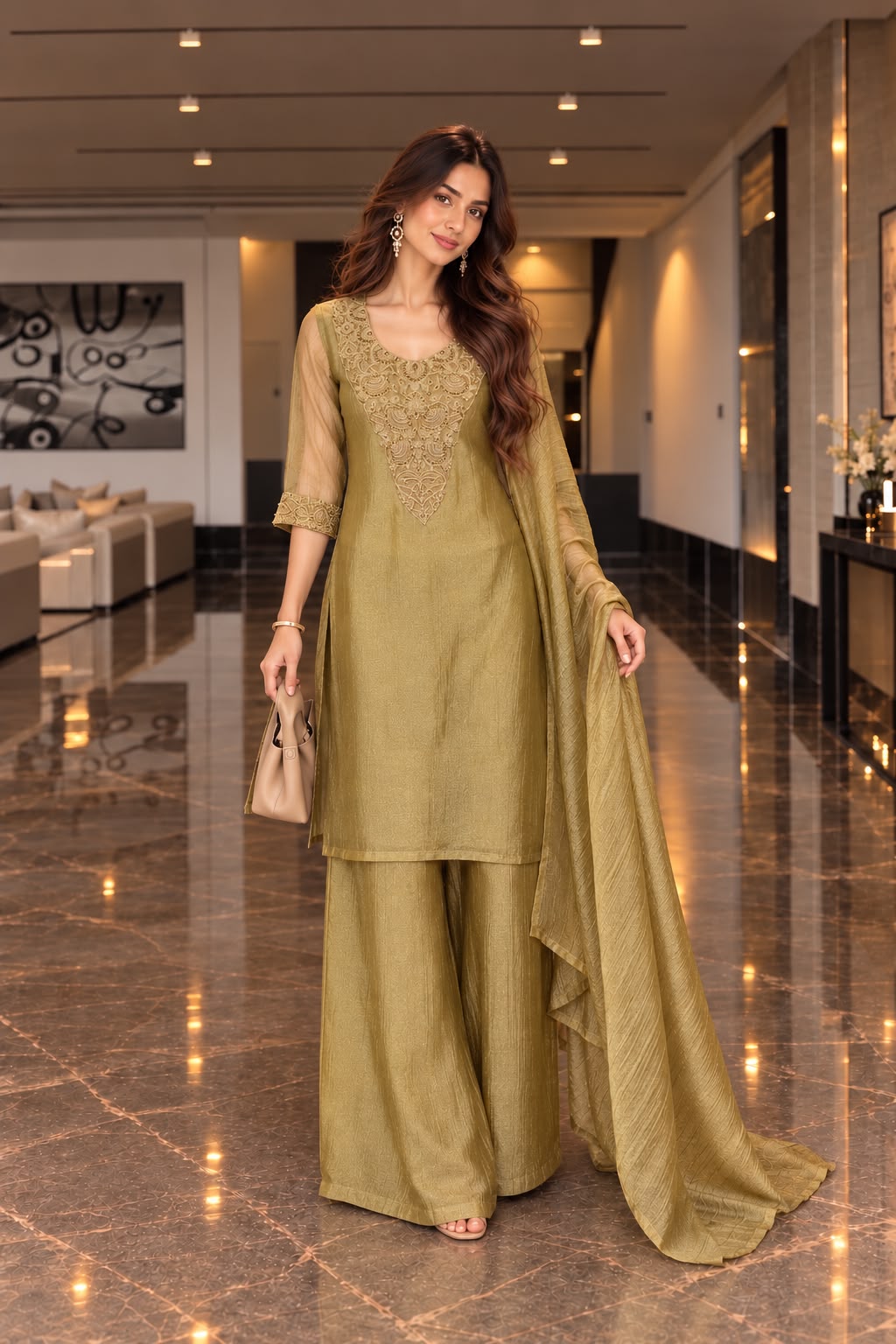 Metallic Green Embellished Pure Tissue Silk Pant Set