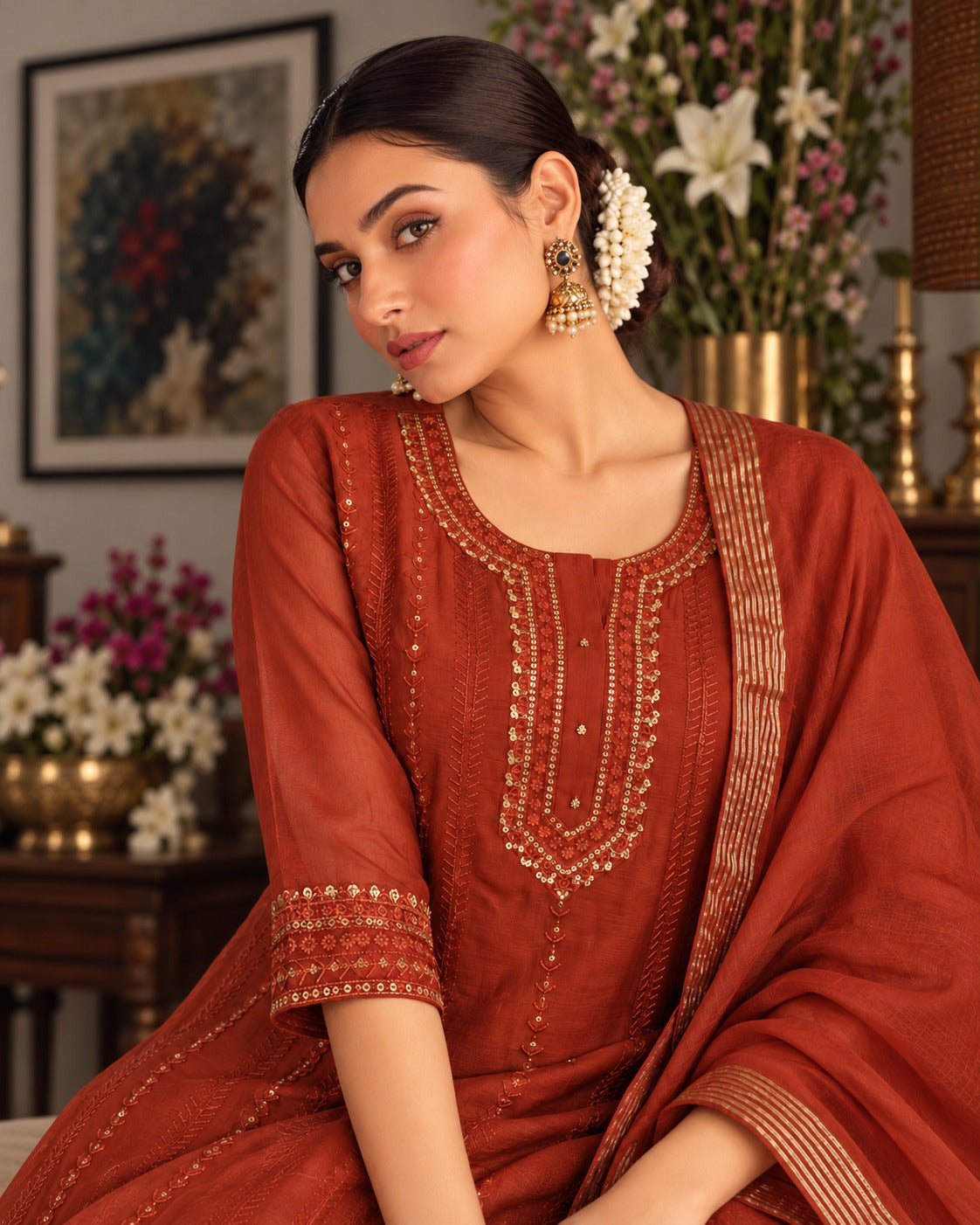 Warm Rust Embellished Mul Chanderi Silk Anarkali  Set