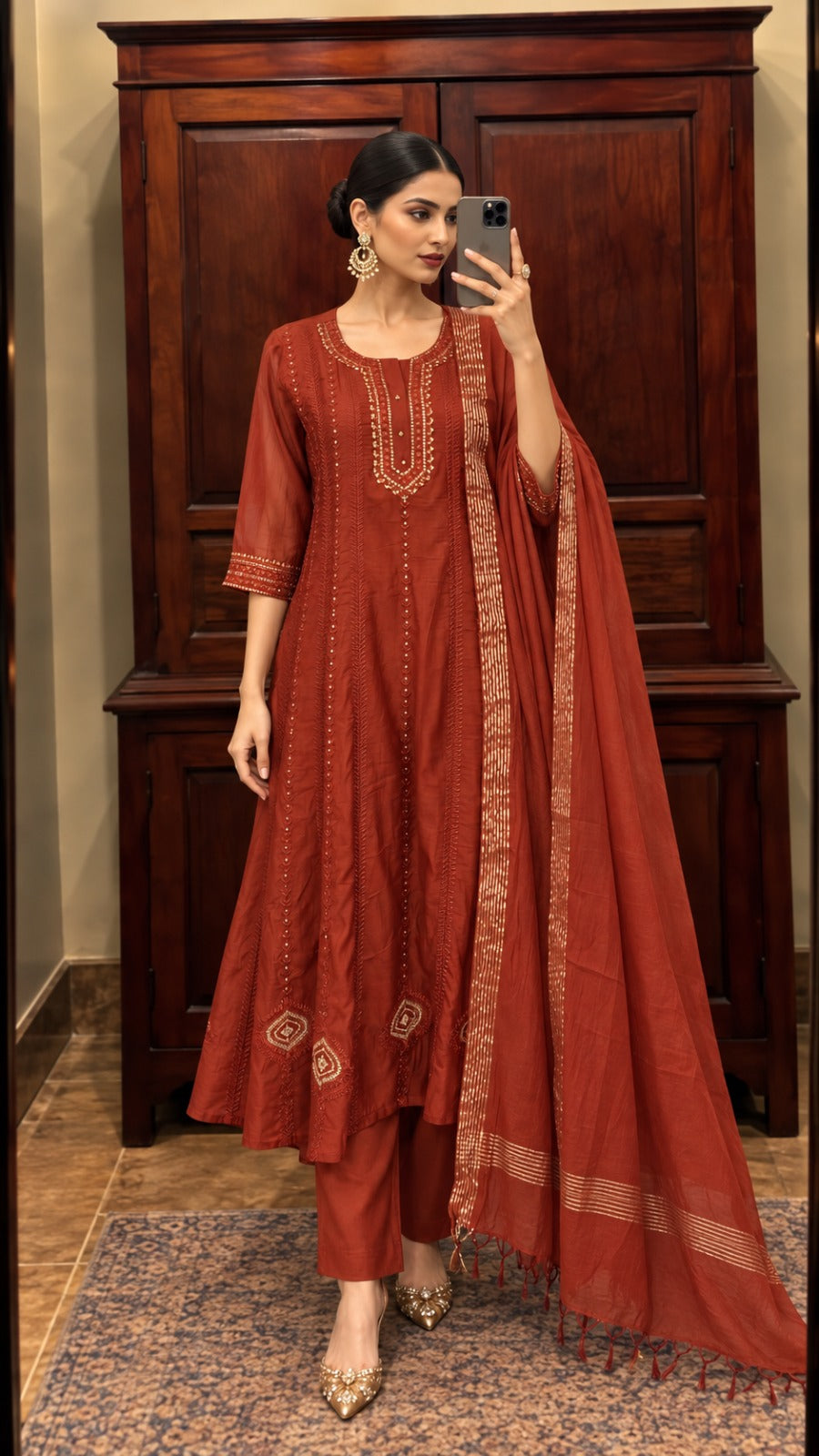 Warm Rust Embellished Mul Chanderi Silk Anarkali  Set