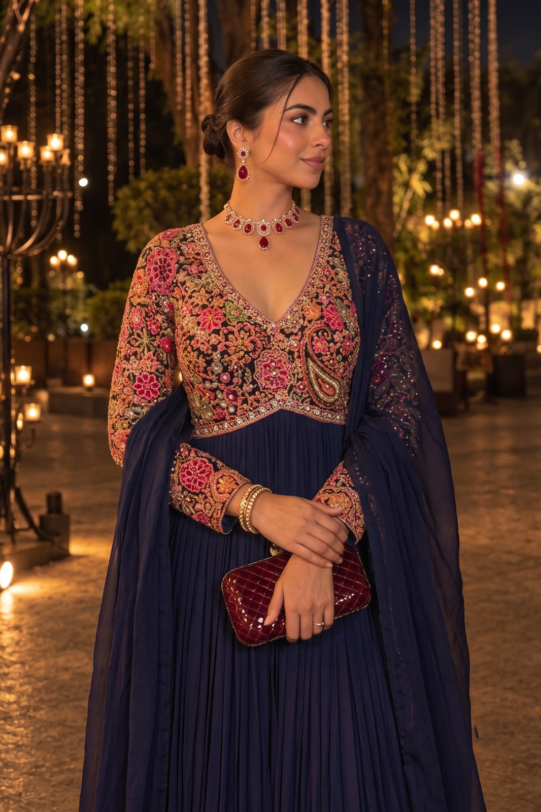 Midnight Navy Blue Embellished Georgette Silk Anarkali Set