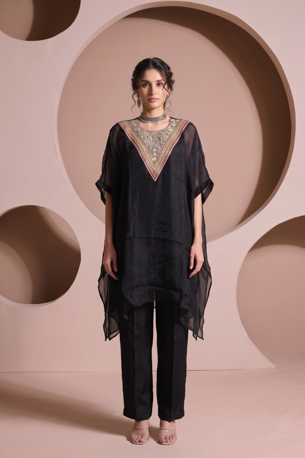Classic Black Embellished Organza Silk Pant Set