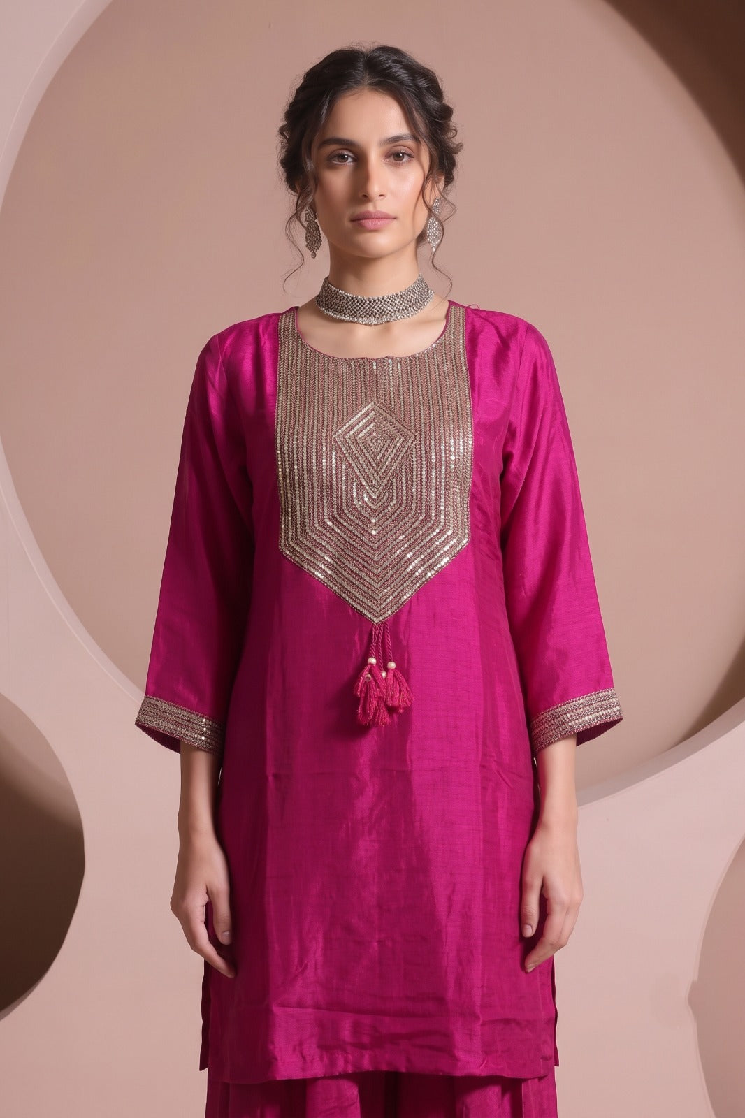 Magenta Pink Embellished Raw Silk Palazzo Set