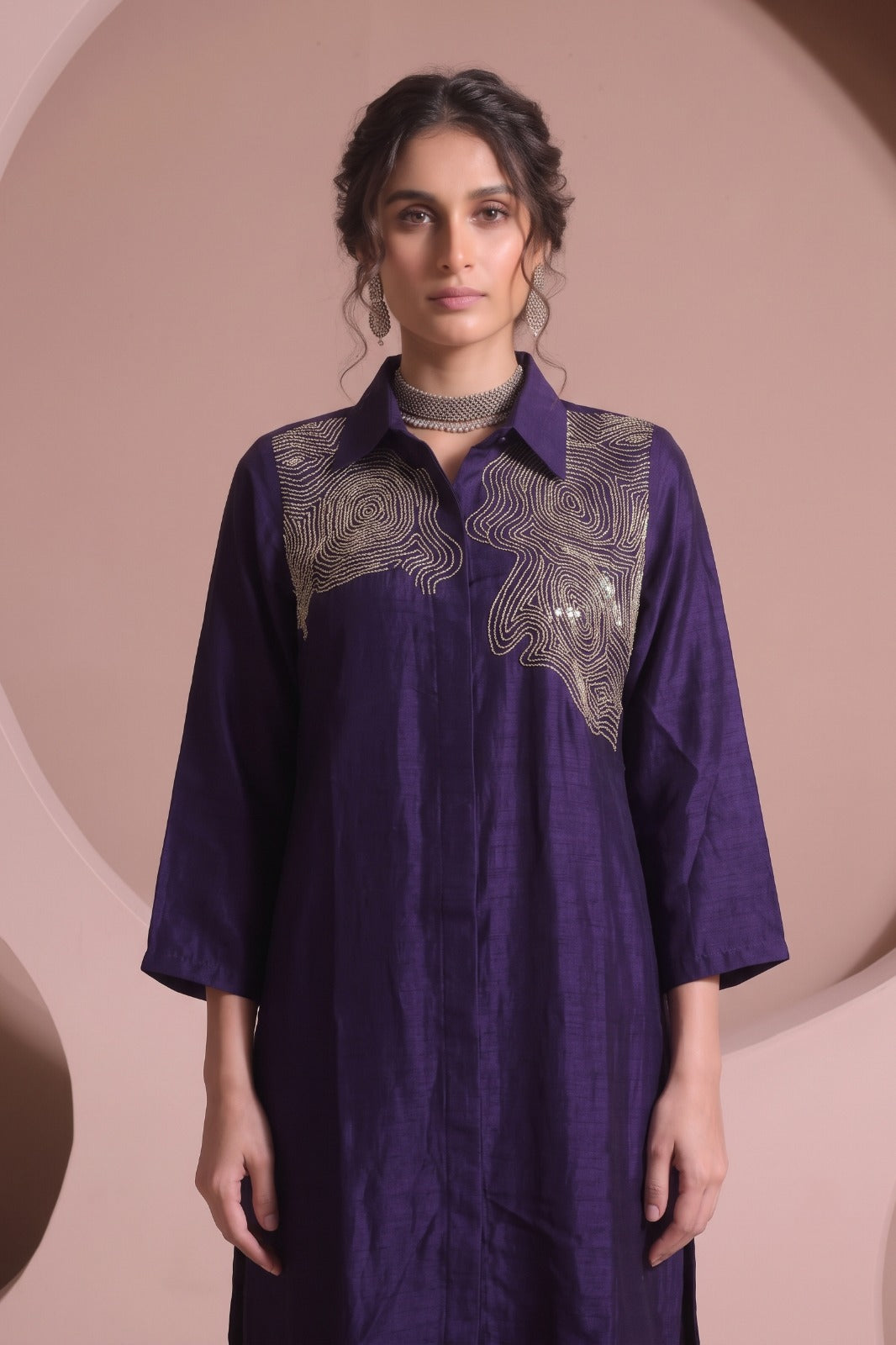 Deep Violet Embellished Raw Silk Pant Set