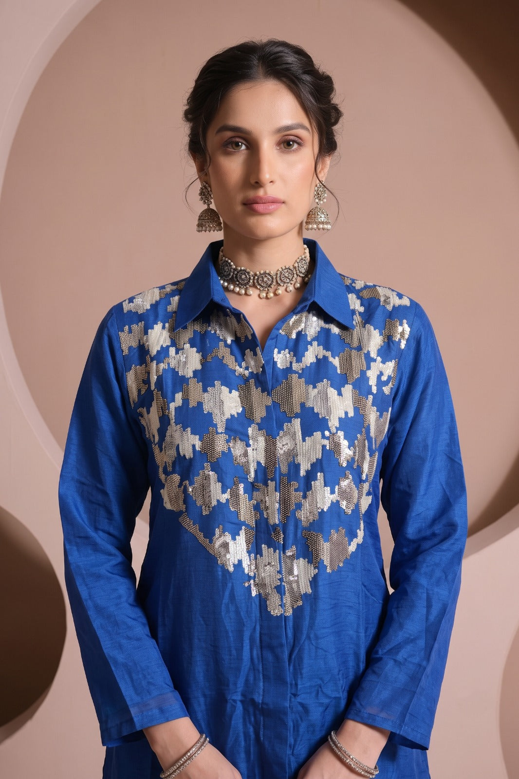 Royal Blue Embellished Raw Silk Pant Set