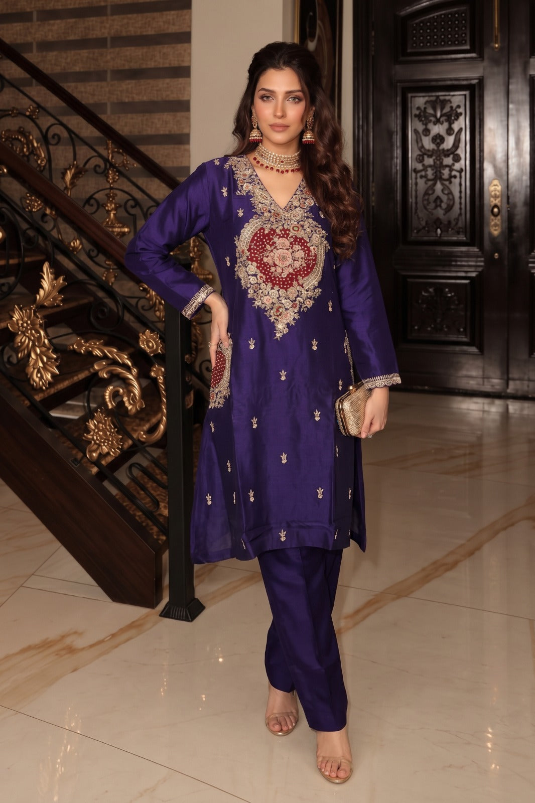 Royal Violet Embellished Raw Silk Pant Set