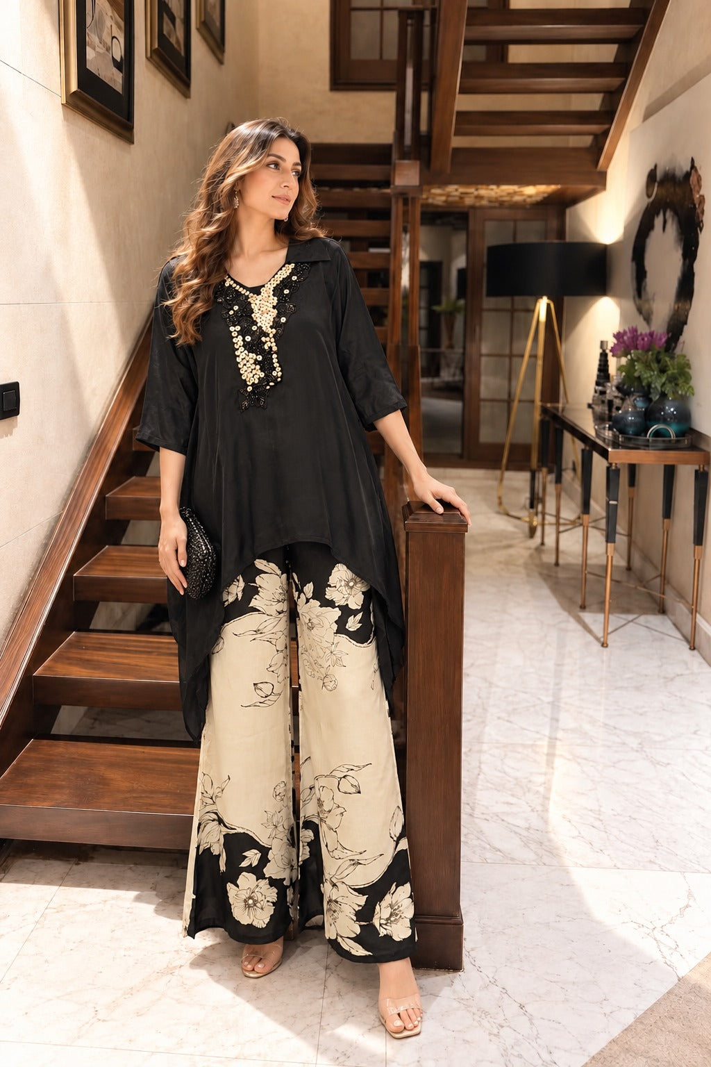 Black & Off-White Embellished Crepe Silk Palazzo Set