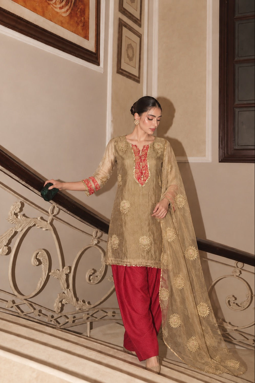Antique Gold Embellished Tissue Silk Salwar Set