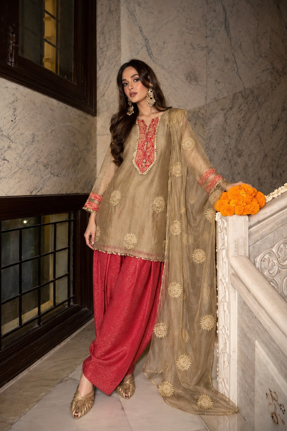 Antique Gold Embellished Tissue Silk Salwar Set