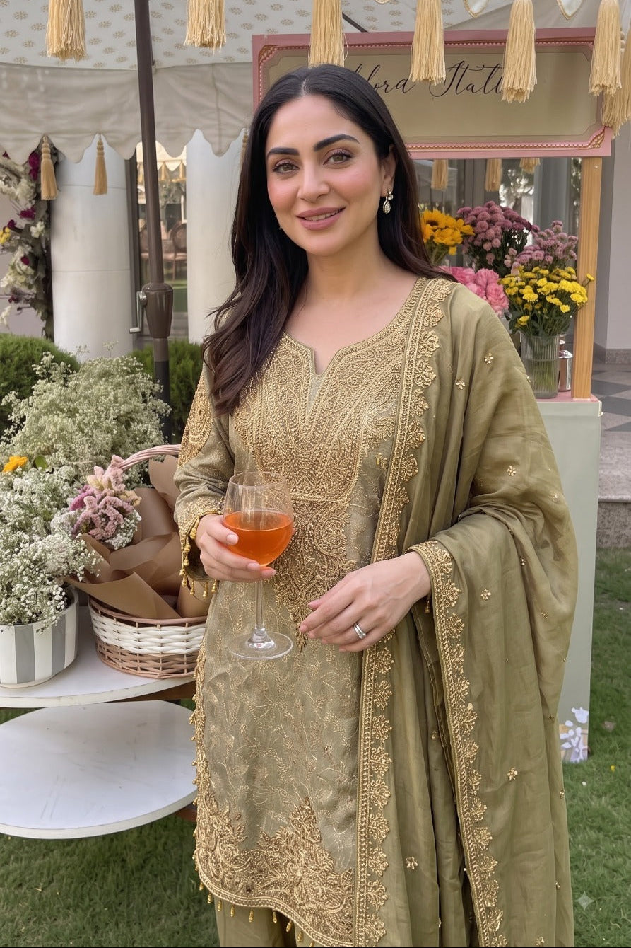 Metallic Olive Gold Embellished Brocade Silk Salwar Set