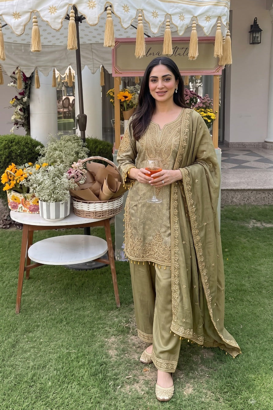 Metallic Olive Gold Embellished Brocade Silk Salwar Set