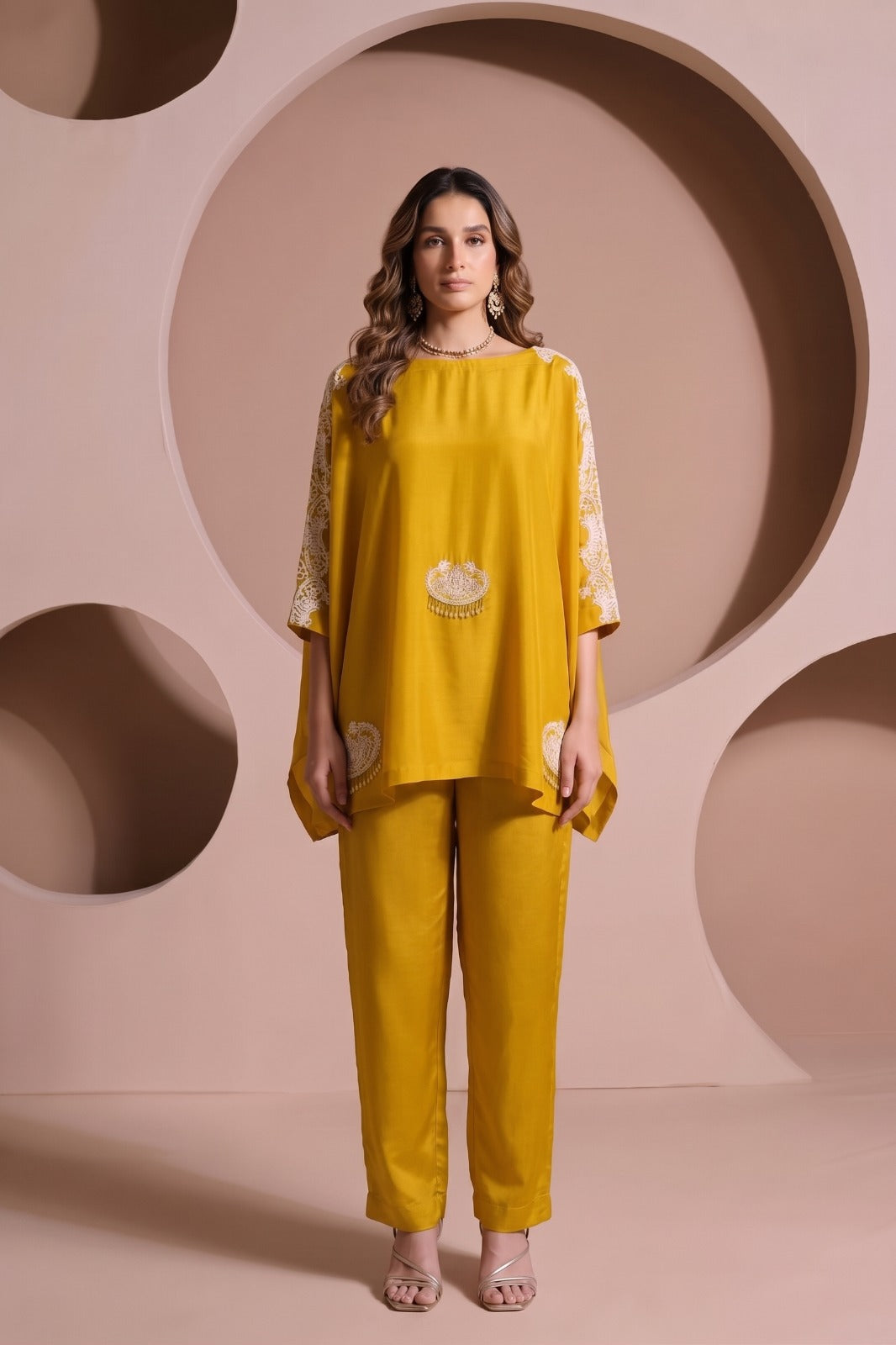 Mustard Yellow Embellished Raw Silk Kaftan Set