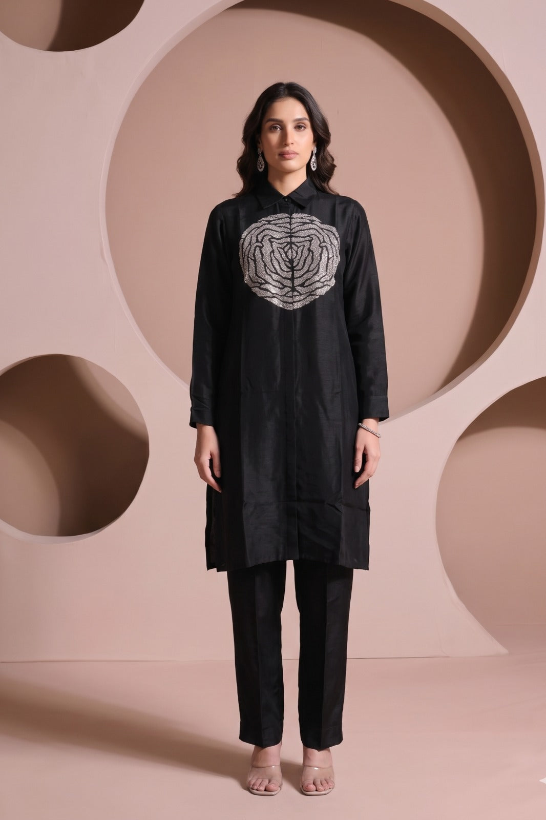 Jet Black Embellished Raw Silk Pant Set