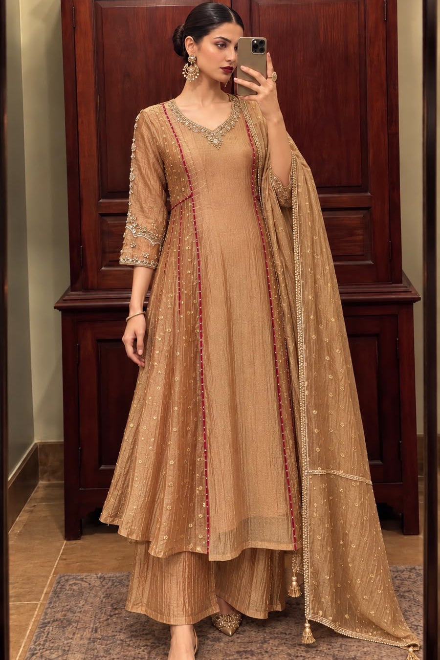 Metallic Peach Embellished Crushed Silk Anarkali Set