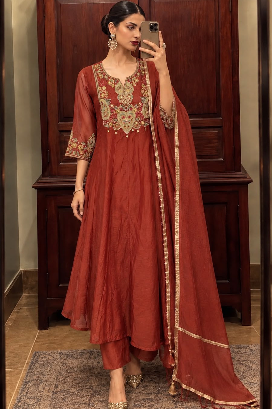 Rust Red Embellished Mul Chanderi Silk Anarkali Set