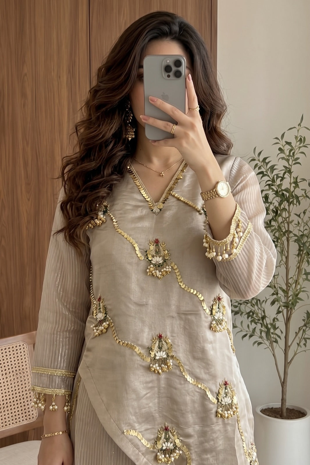 Taupe Champagne Embellished Shimmer Tissue Silk Co-Ord Set